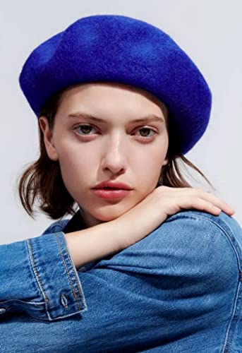 Women French Wool Beret Hats - Solid Color Classic Beanie Winter Cap - color: Royal Blue