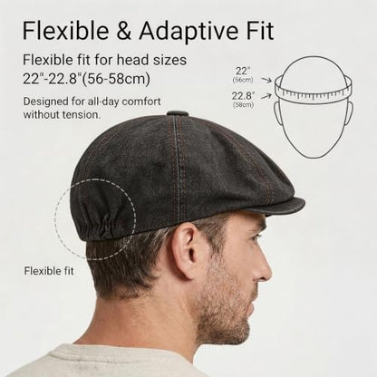 ZLYC Newsboy Cap for Men Summer Flat Cap Lightweight Beret Hat - color: Washed Denim Black