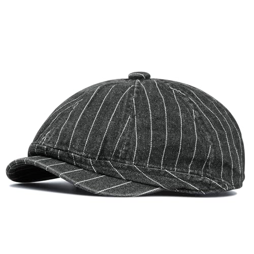 Clakllie Octagonal Newsboy Hat with Chic Stripe Design Herringbone Ivy Cabbie Hat Denim Cotton Gatsby Driving Cap for Daily - color: Black-bl63