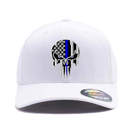 G&B Red Thin Red/Blue Line Spartan Helmet & Distressed Skull Flex Baseball Cap. Embroidered. 6277/6477 Flex Baseball Hat - color: White 2, size: Large-X-Large