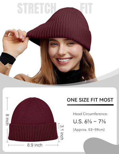 vidsel 50% Wool Thick Beanie Hat Men Women, Seamless Cuffed Winter Knit Cap - color: 1pcs Burgundy