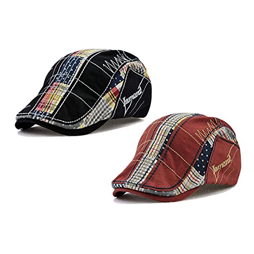 2 Pack Men's Plaid Cotton Flat Newsboy Ivy Cabbie Golf Gatsby Cap Hat - color: 649br
