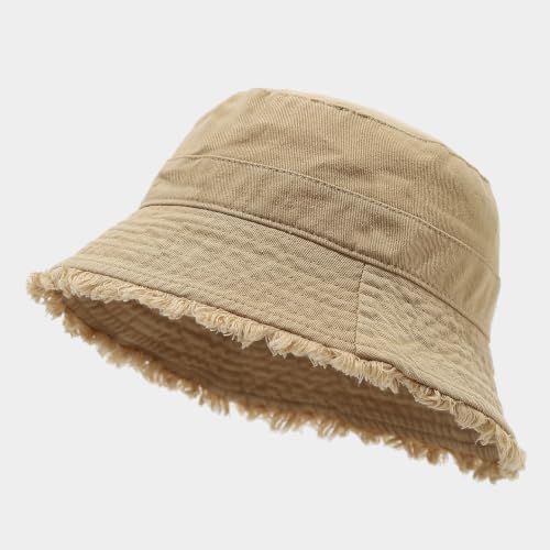 Quanhaigou Frayed Unisex Sun Hats, Fashion Beach Bucket Hat for Men Women,Summer Outdoor Boy's Girls Boonie Cap - color: Patchwork Khaki