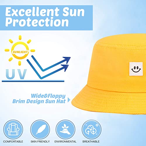 Kids Sun Hat Smile Face Bucket Hat for Girls Boys Summer Sun Protection Cotton Unisex Beach Cap - color: Bright Yellow