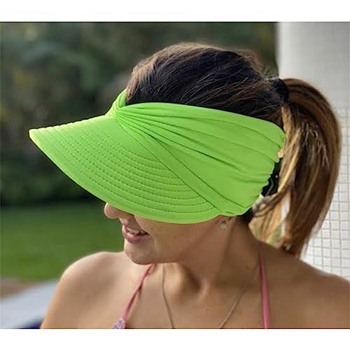 Sun Hat Women Beach Visor Cap UV Protection with Wide Brim Packable Summer Sport Ponytail Sun Cap - color: Fluorescent
