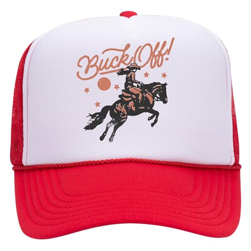 Buck Off! Trucker Hat | Vintage Cowboy Cowgirl Western Funny | Premium Mesh Foam Snapback Hat for Men & Women - color: Red/White