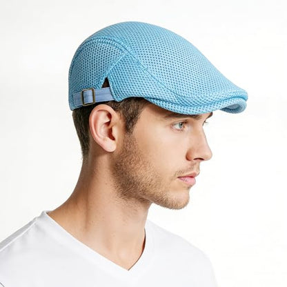 Xinveen Men's Mesh Cap Breathable Summer Newsboy Hat Adjustable Beret Ivy Cap Irish Cabbie Driving Hunting Hats - color: Turquoise Blue