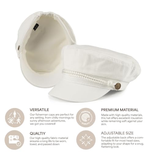 C.C Cotton Fisherman Cap for Women – Classic Fiddler Hat, Lightweight Breathable Cotton, Trendy Greek Fisherman Style - color: Cotton-white