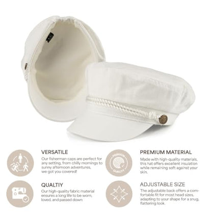 C.C Cotton Fisherman Cap for Women – Classic Fiddler Hat, Lightweight Breathable Cotton, Trendy Greek Fisherman Style - color: Cotton-white