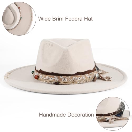 Big Brim Fedora Mens Women Boho Hat Handmade Dress Up Hats - color: Beige