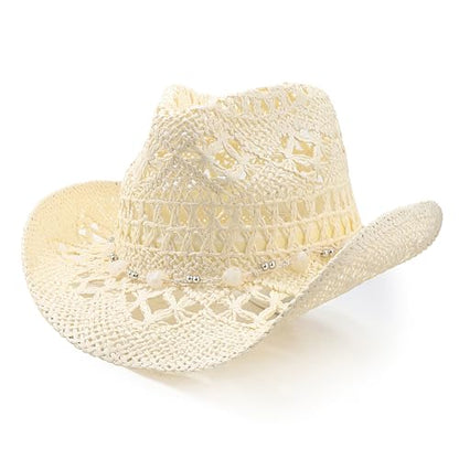 AQOKKA Straw Cowboy Hats for Women Men Western Cowgirl Hats with Shapeable Brim Woven Hollow Out Unisex Beach Roll Up Caps - color: Cowboy Hat : Milky White