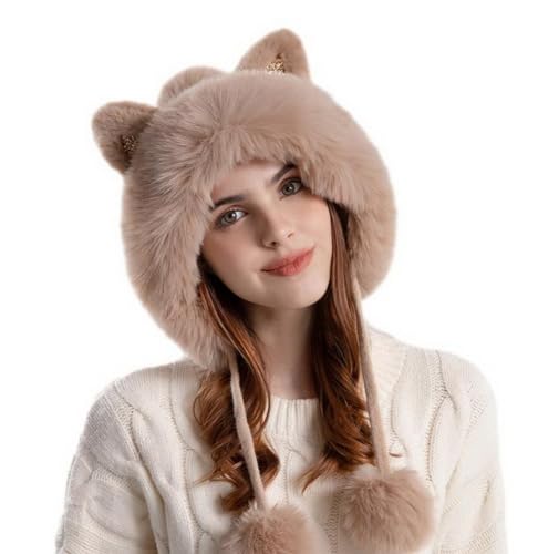 Outdoor Warm Earflap Beanie Hat with Brim Baseball Slouchy Knitted Visor Skull Caps for Women Men Black - color: Khaki