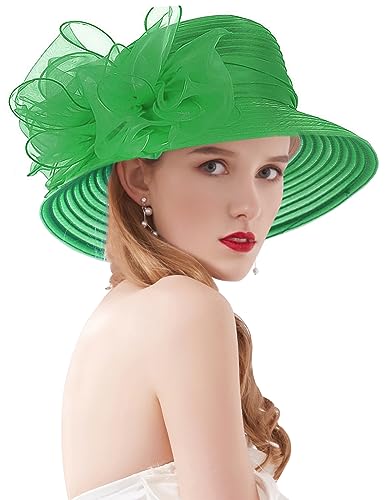 Z&X Organza Church Fascinator Wedding Tea Party Derby Hats for Women Flower Wide Brim Sun Hats - color: 06c Green