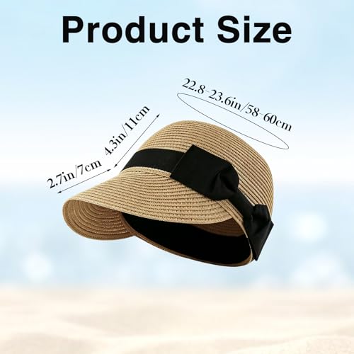 Women’s Sun Hat, Retro Bow Straw Hat Baseball Cap with Wide Brim, Foldable Breathable Beach Hats for Summer Outdoor - color: Khaki