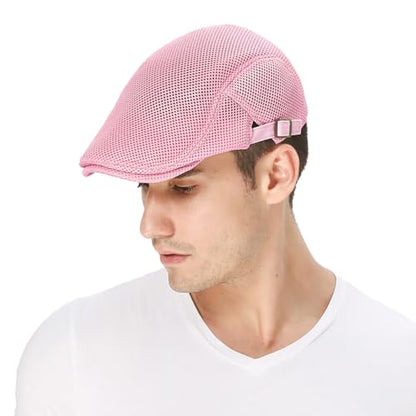 DIYDECAL Mens Breathable Mesh Summer Hat Adjustable Newsboy Beret Ivy Cap Cabbie Flat Cap - color: Pink