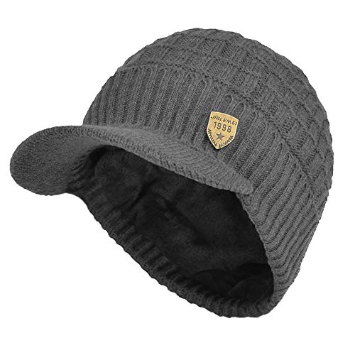 Women's Soft Knitting Visor Beanie Winter Hat with Brim Fleece Lining Baseball Cap - color: Gray