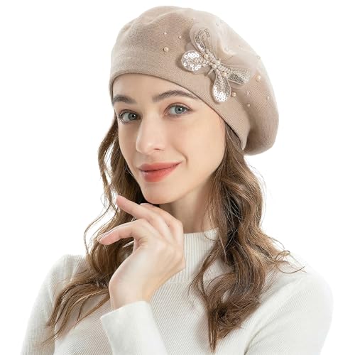 ZLYC Women French Beret Hat Reversible Solid Color Mosaic Warm Artist Cap - color: Butterfly Beige