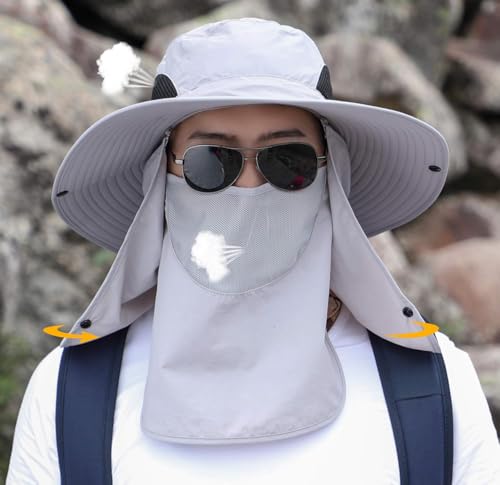 Men Women Safari Bucket Fishing Sun Hats Face Cover Neck Flap - color: Light Grey