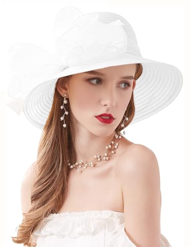 Women's Kentucky Derby Church Dress Hat Wide Brim Leaf Flower Bridal Shower Hat - color: 01 White