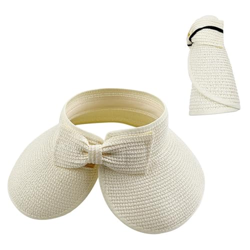Sun Visor Hats for Women Adjustable Wide Brim Straw Sun Hat Roll-Up Ponytail Straw Hat Packable Summer Beach Hats - color: Beige