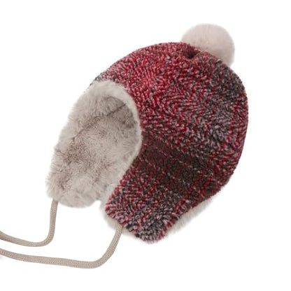 Holiberty Womens Winter Knit Beanie Hat Ladies Fur Pom Poms Ears Warm Slouchy Snow Ski Cap Fleece Thermal Ushanka Trapper Hat - color: Red, Striped
