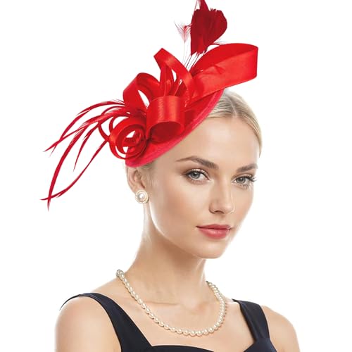 Century Star Kentucky Fascinator-Derby Hats for Women 2026 - Feather & Ribbon Hair Clip Headband Tea Party Wedding Church Hat - color: Red