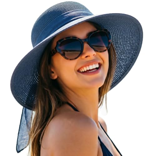 DRESHOW Sun Hats for Women Summer Wide Brim Beach Straw Hat Bowknot Bucket Hats Foldable Floppy Beach Sun Hat UPF 50+ - color: 1 Pack Bowknot Ribbon Hat: Navy Blue