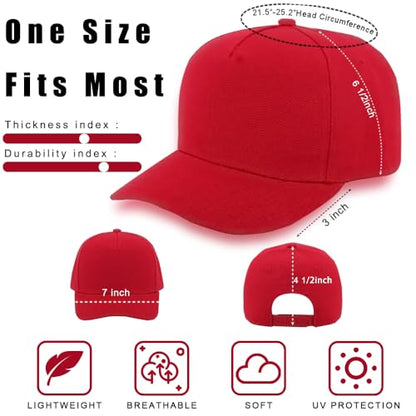 12 Pack Seamless Baseball Caps Wholesale Bulk - No Center Seam, DIY Friendly, Adjustable Breathable Lightweight for Men Women - color: Red
