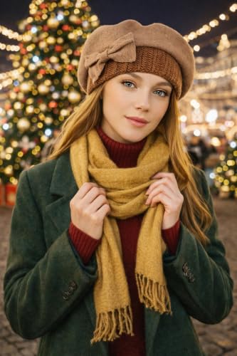 VECRY Lady French Beret 100% Wool Beret Floral Dress Beanie Winter Hat - color: Bow-camel