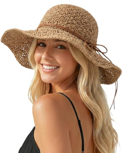 Beach Sun Hats for Women, Wide Brim Straw Hat, UPF 50+ UV Protection - color: Khaki-string