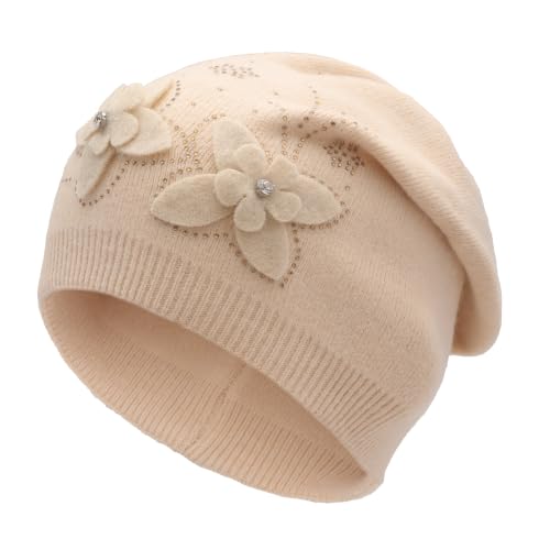 ZLYC Women Floral Slouchy Beanie Hat Double Layer Winter Knit Skull Cap - color: Dual Flowers Beige