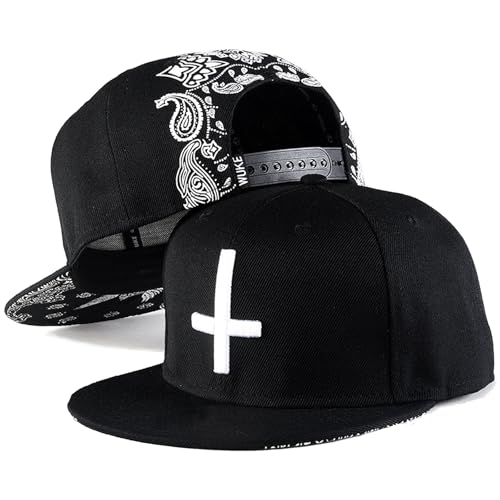 Embroidery Skull Skeleton Snapback Hats for Men Christian Jesus Cross Flat Bill Brim Hats for Men Fitted Baseball Hat Mens - color: Embroidered Cross 2