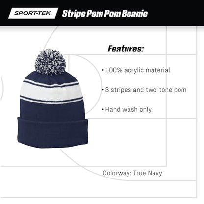 SPORT-TEK Unisex Stripe Pom Pom Beanie | Cuffed Beanie Hat for Men & Women, Cozy Knit with Oversized Pom Black/Gold