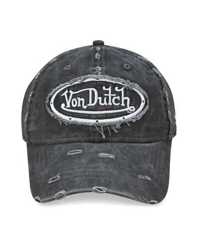Von Dutch Unisex Cotton Canvas Baseball Cap, Curved Brim, Snapback - color: Black Distressed With Patched