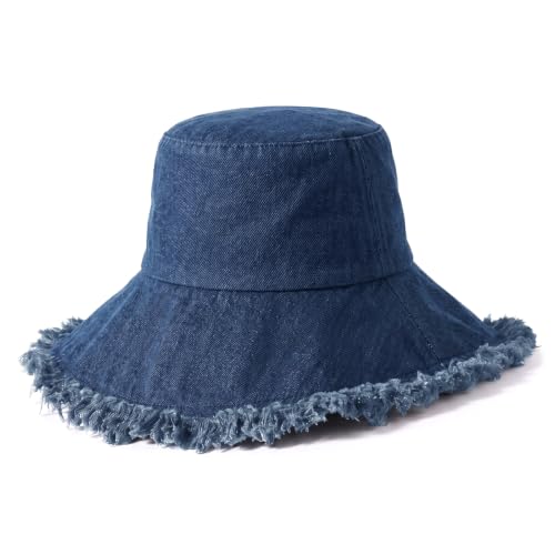 CHOK.LIDS Frayed Bucket Hat Washed Cotton Floppy Wide Brim Boonie Cap - color: Dark Denim