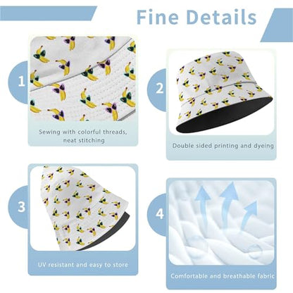 Amasnay Funny Bucket Hat Cotton Double-Side-Wear Reversible Sun Hat for Women Men, Summer Vacation Travel Beach Fisherman Hat - color: Banana Glasses