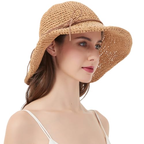 Women's Straw Bucket Sun Hat, Packable Floppy Wide Brim Beach Hat - color: Khaki a