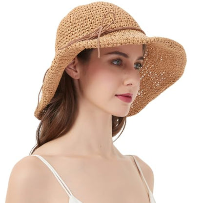 Women's Straw Bucket Sun Hat, Packable Floppy Wide Brim Beach Hat - color: Khaki a
