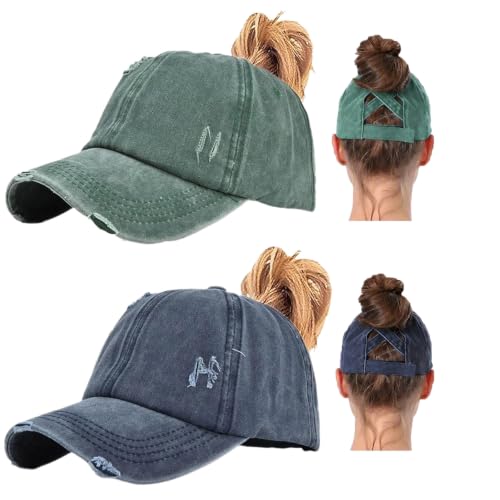 2 Packs Womens Criss‑Cross High Ponytail Trucker Hat, Cotton Vintage Washed Distressed Adjustable Baseball Cap - color: 2pcs 29