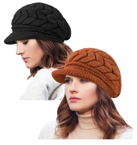 YSense 2 Pack Womens Winter Hats Warm Knit Beanie with Visor - color: Black Dark Orange
