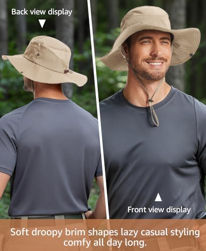 Wide Brim Sun Hat for Men Women, UPF 50+ Waterproof Packable Bucket Boonie Safari Fishing Hat - color: Khaki