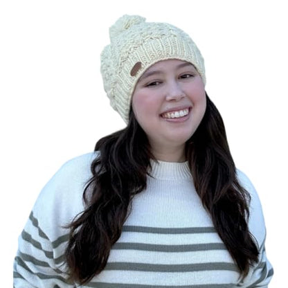 Briomhar Pom Beanie for Women - Fleece Lined 100% Wool Winter Hats for Women - Knit Hat Designed in Ireland - color: Cream