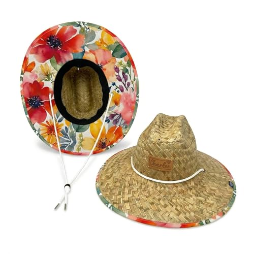 Women's Wide Brim Straw Sun Hat for Beach, Lifeguard Style, Hand-Woven Rush & Mat, Adjustable Chin Drawstring - color: The Josephine