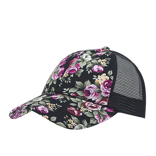 Vintage Washed Cotton Soft Mesh Adjustable Baseball Cap - color: Floral Black