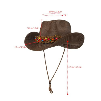 Unisex Straw Cowboy Hat Wide Brim Western Sun Hat Adjustable Beach Cowgirl Hat for Summer Outdoor Sun Protection - color: Khaki Color, Woven Strap