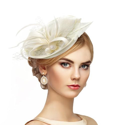 Zinniday Fascinator Tea Party Hat - 2026 Derby Pillbox Kentucky Hat for Women (7.87x5.9inch) - color: Off-white