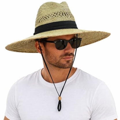 SUN & FUN Men's Straw Outback Lifeguard Sun Hat with Wide Brim, Natural/ Black, One Size / Adjustable