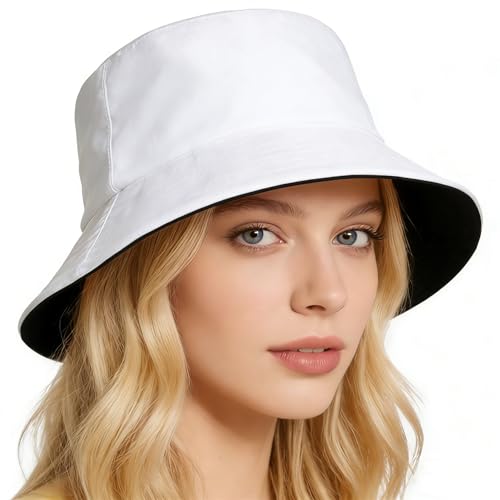 Bucket Hat for Men and Women 2-in-1 Reversible Sun Protection Fashion Flat Top Cap for Fishing Travel Beach Sports - color: White-black