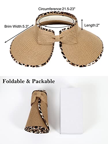 sy soul young Women's Straw Hat with Ponytail Hole Wide Brim Visor Sunhat - color: Khaki With Leopard