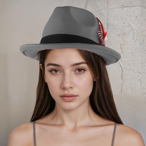 Ladies Felt Fedora Bucket Hat Men Women 1920s Short Brim UPF 50+ Sun Beach Cap Western Panama Trilby Derby Jazz Hat - color: Grey, Feather